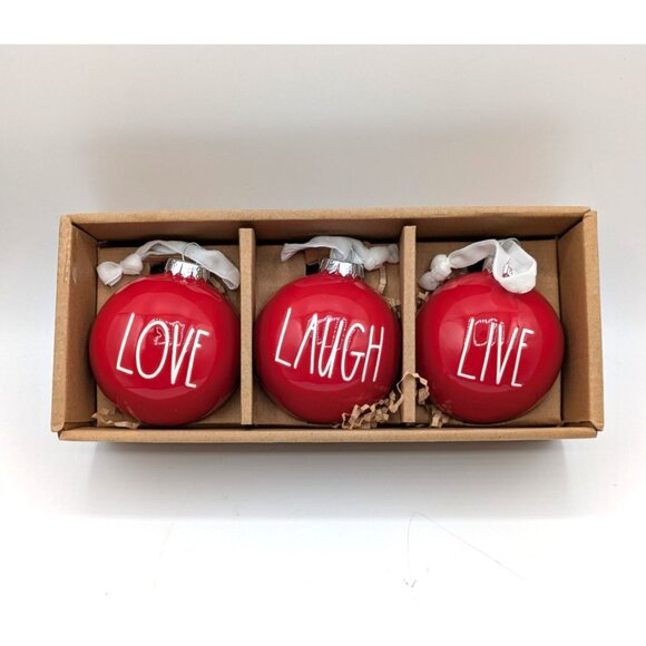 Set of 3 Rae Dunn LIVE LAUGH LOVE Red Ceramic Christmas Ornaments 3" - Picture 1 of 5